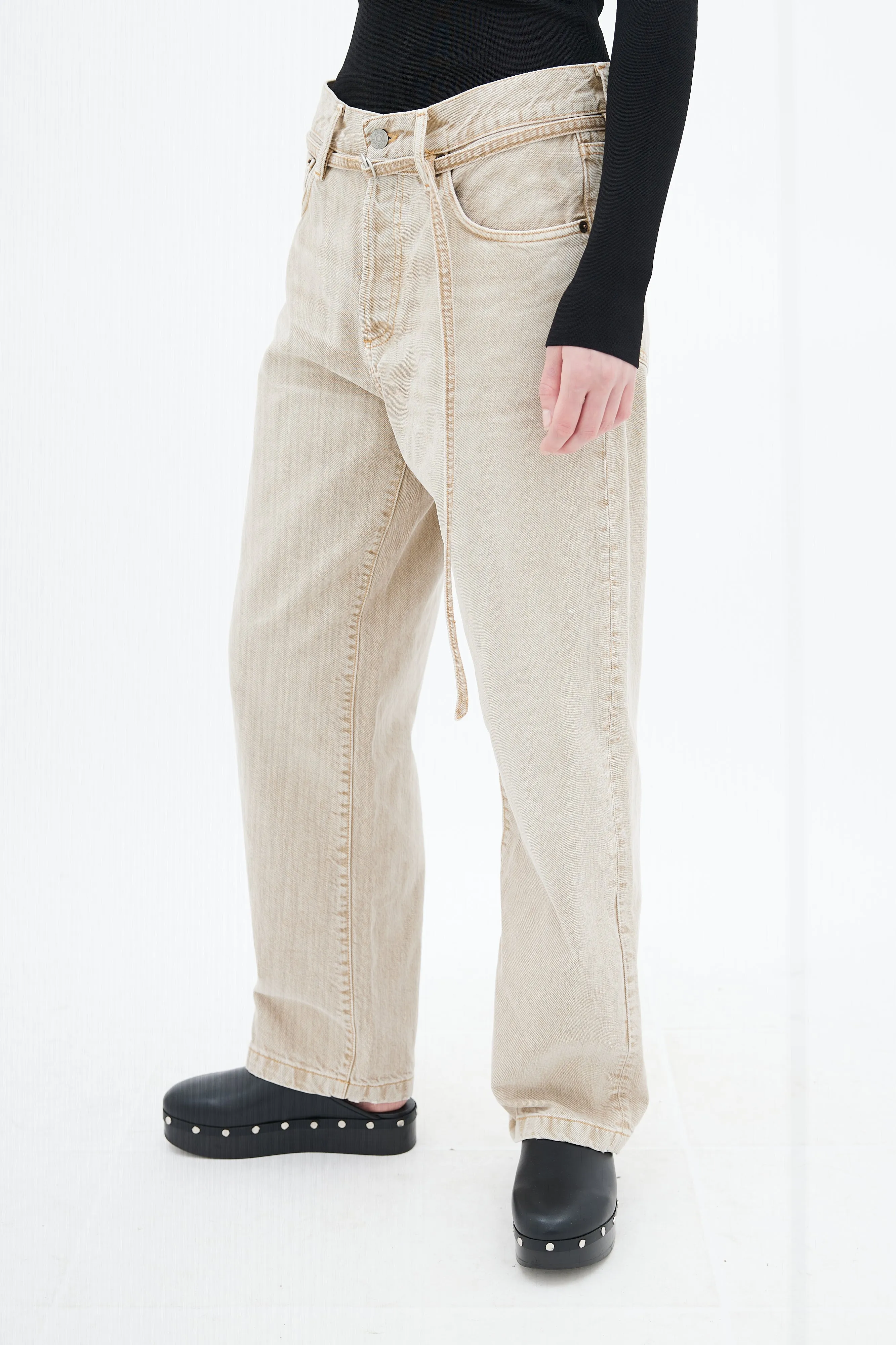 Beige Loose Fit Belted Jeans
