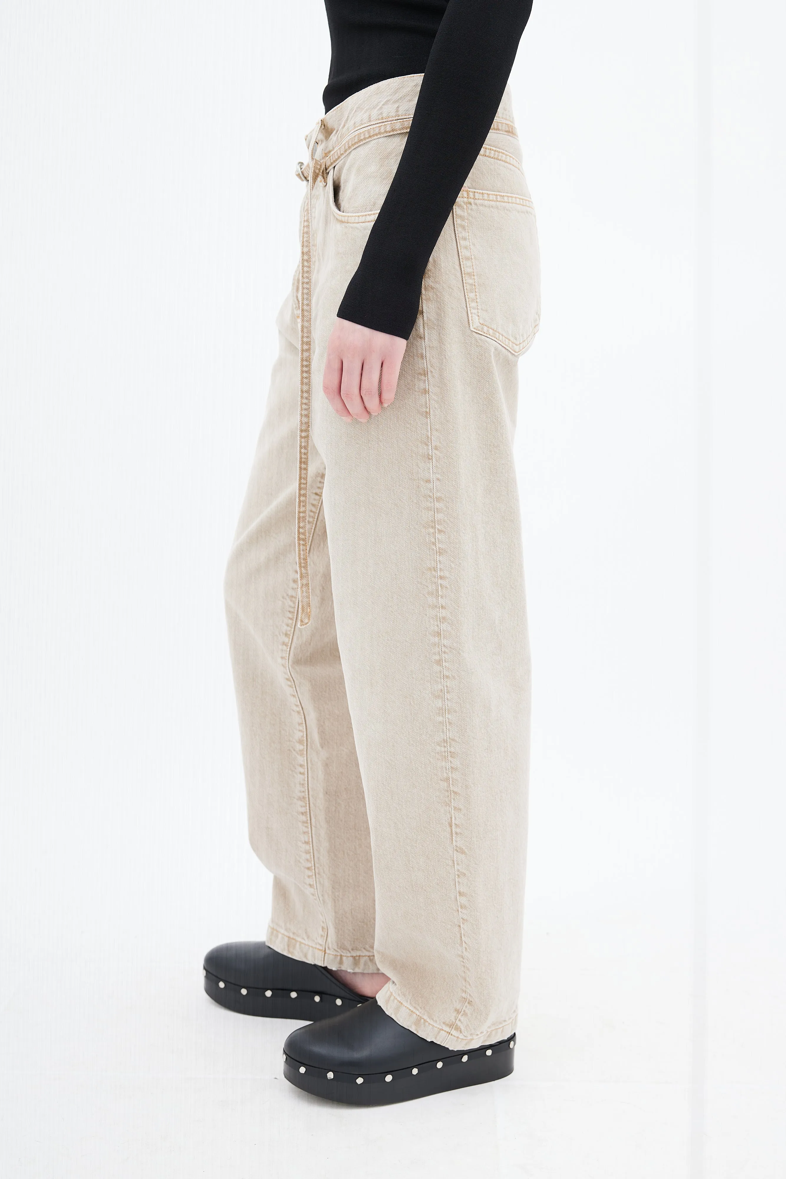 Beige Loose Fit Belted Jeans