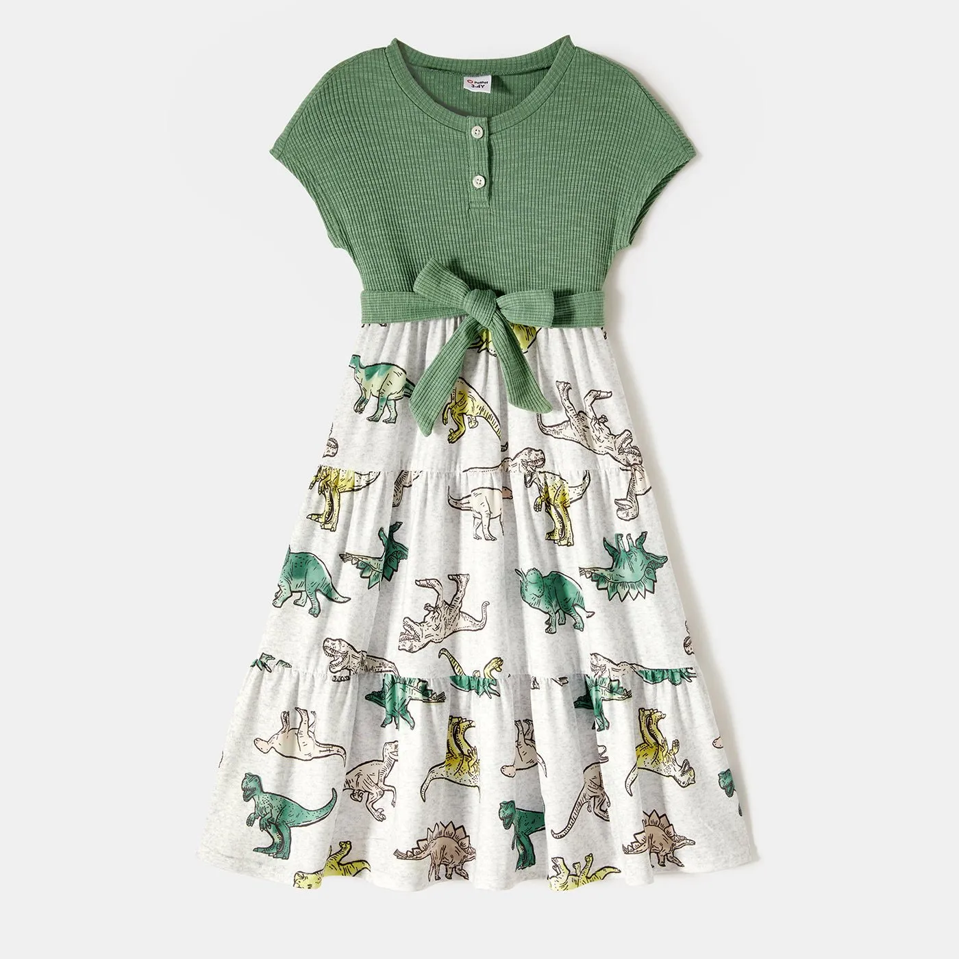 Family Matching Outfits Belted Spliced Dinosaur Printed Dresses and T-Shirts