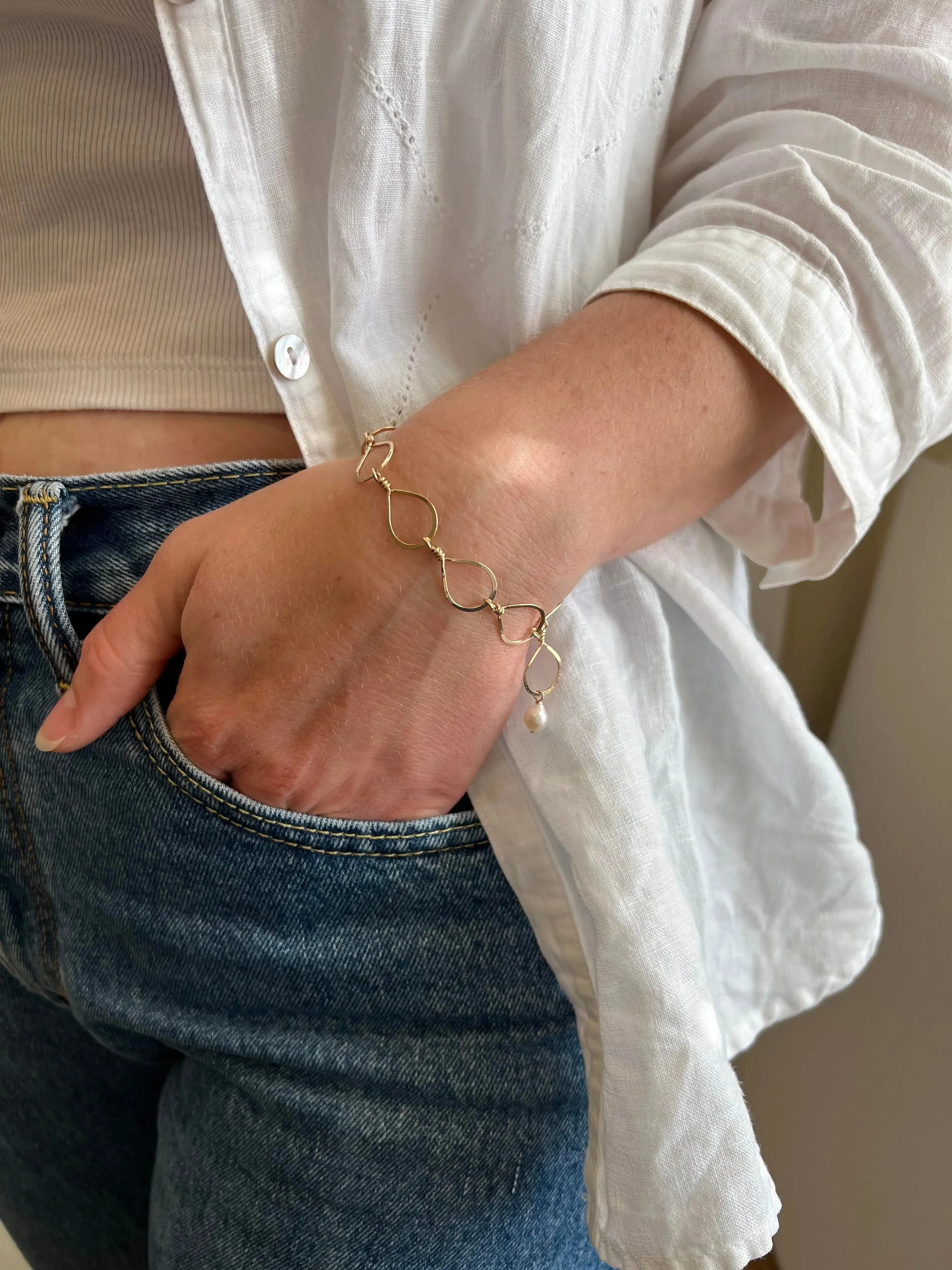 Forged Teardrop Bracelet with Baby Baroque Pearl Drop