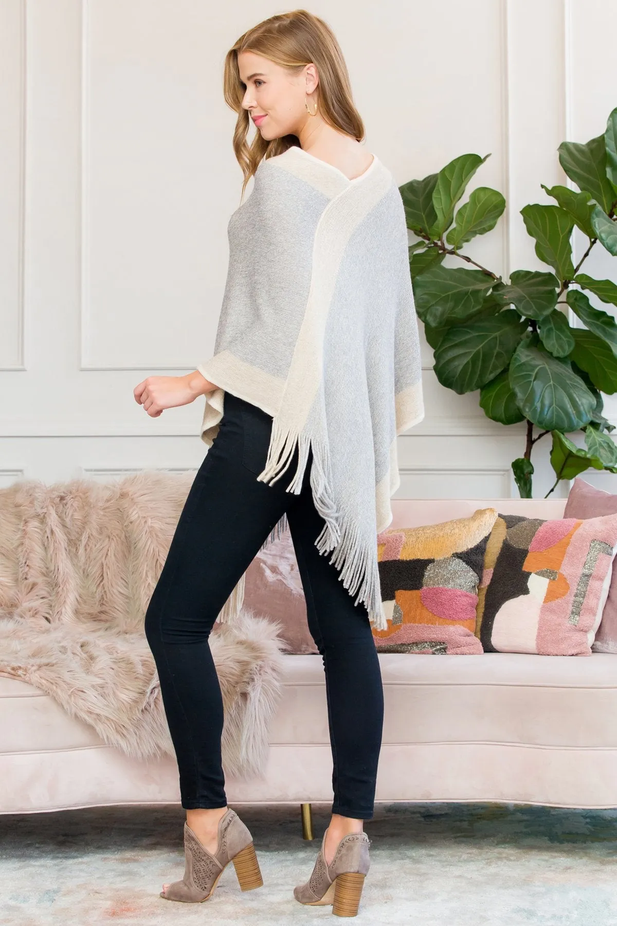 Hdf3011bg - Beige Ultra Soft Two Tone Fringe Poncho