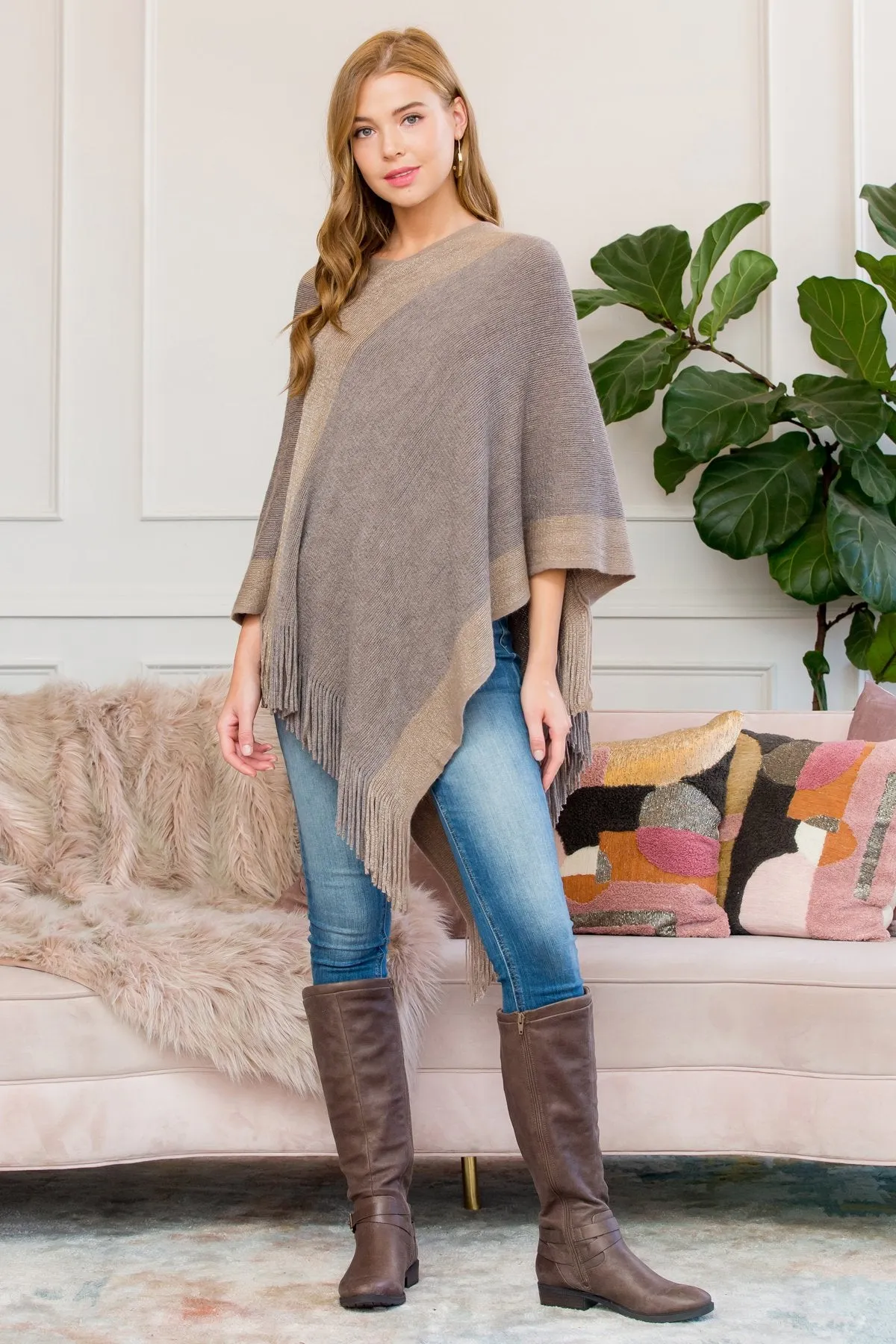 Hdf3011bg - Beige Ultra Soft Two Tone Fringe Poncho