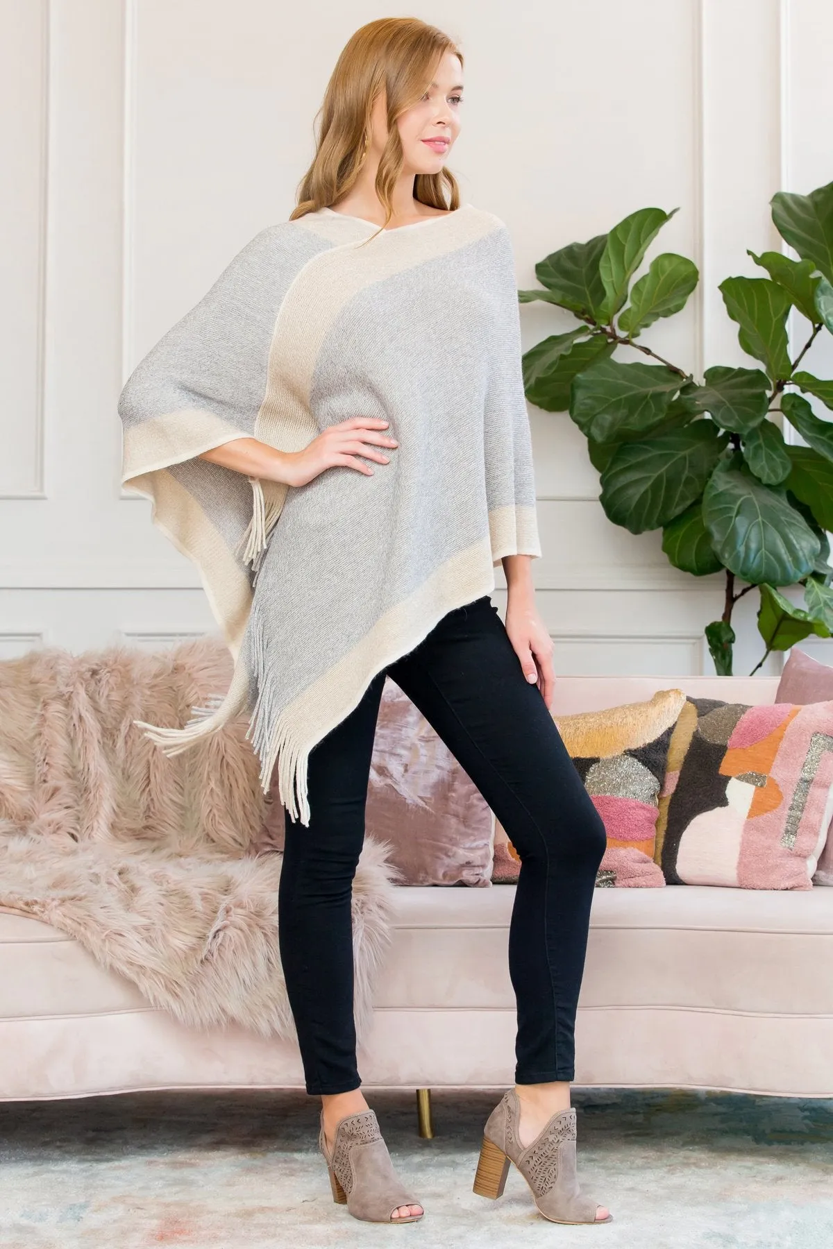 Hdf3011bg - Beige Ultra Soft Two Tone Fringe Poncho
