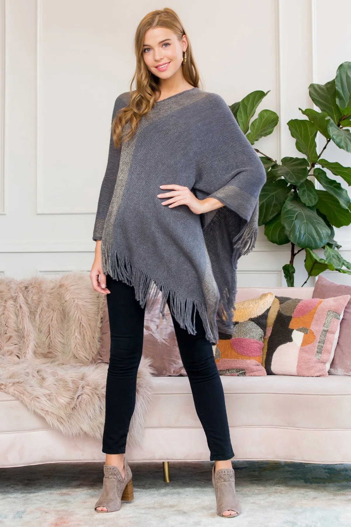 Hdf3011bg - Beige Ultra Soft Two Tone Fringe Poncho