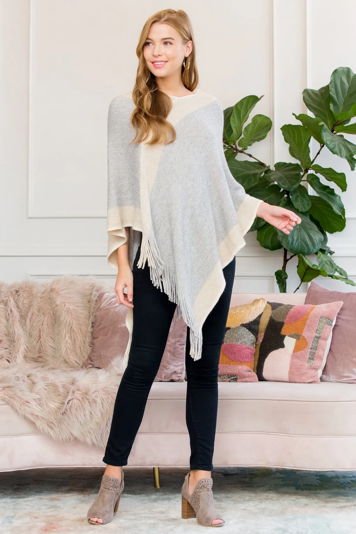 Hdf3011bg - Beige Ultra Soft Two Tone Fringe Poncho