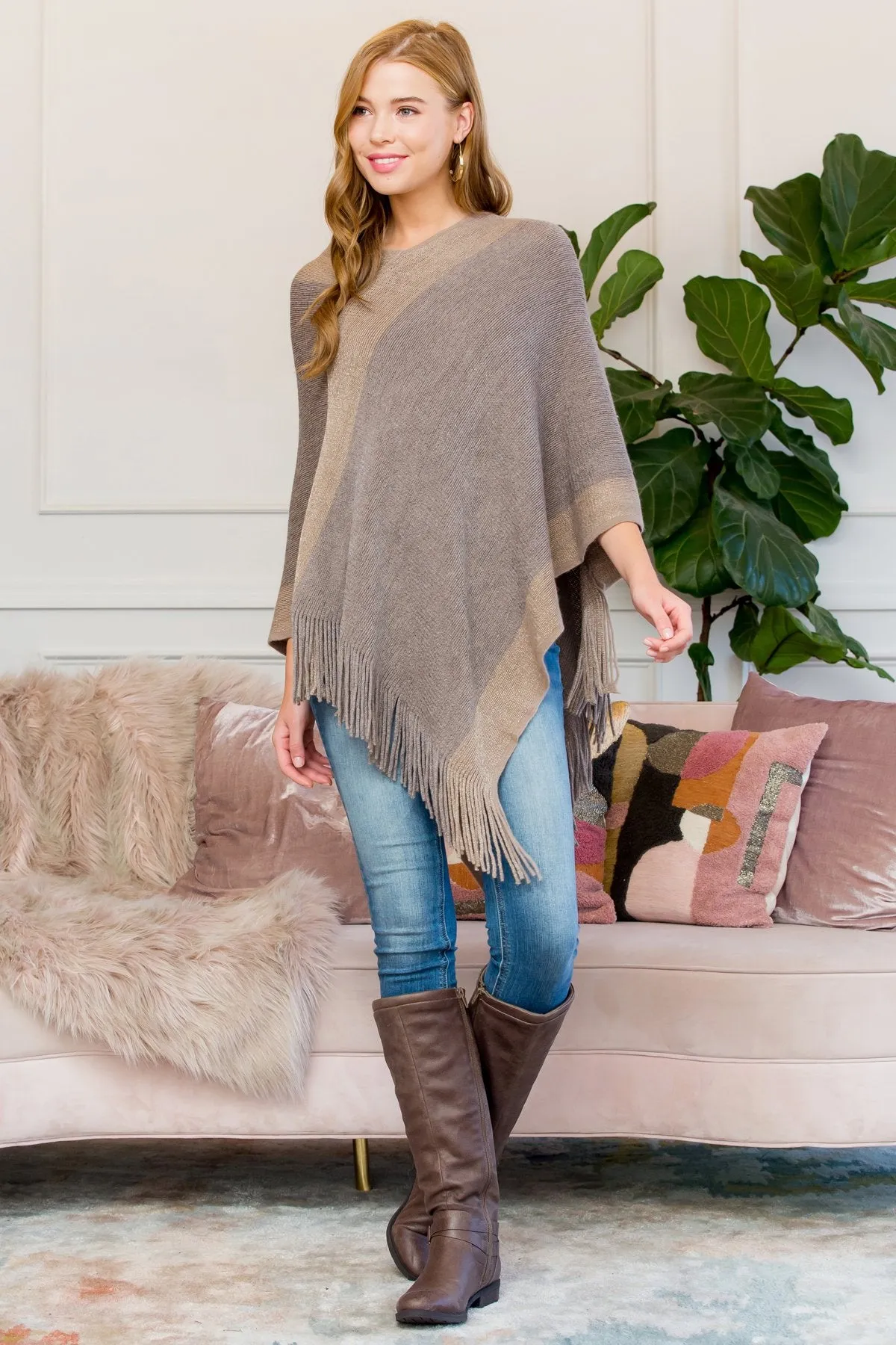 Hdf3011bg - Beige Ultra Soft Two Tone Fringe Poncho