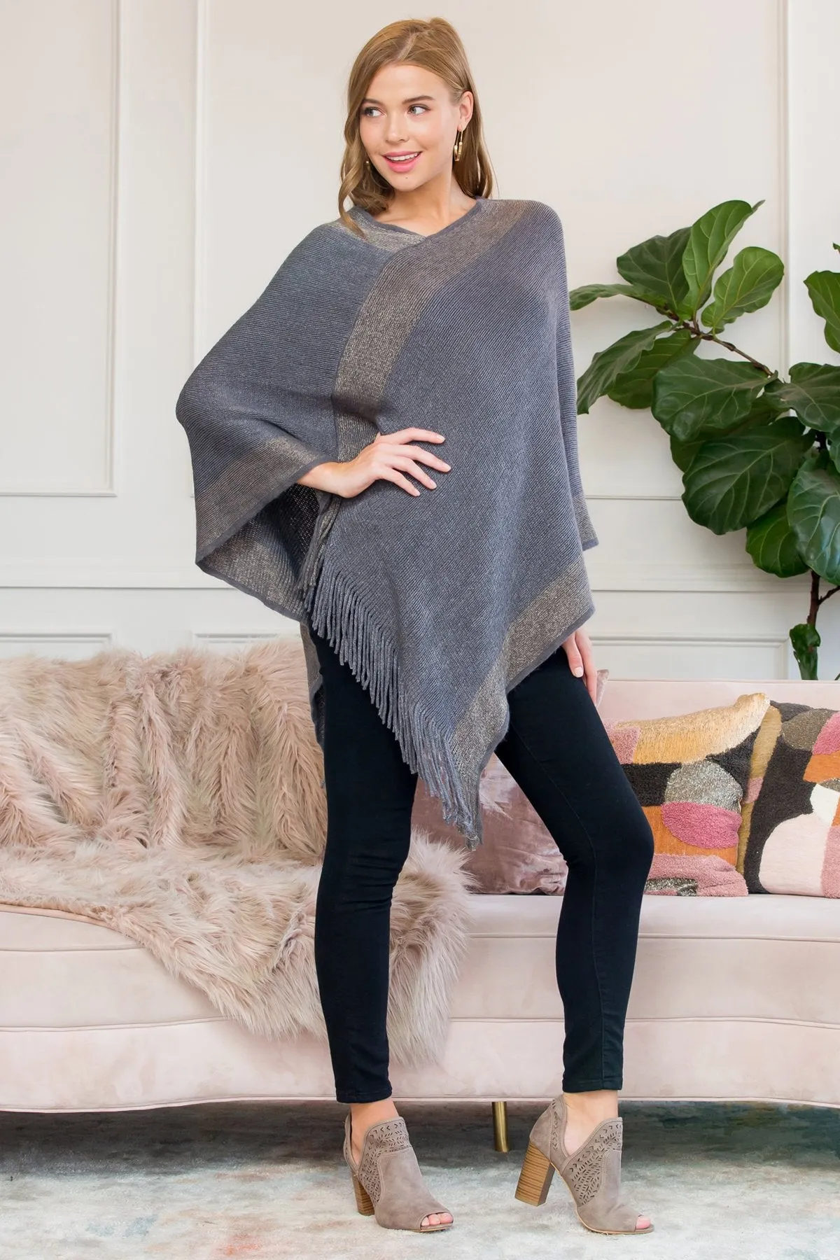 Hdf3011bg - Beige Ultra Soft Two Tone Fringe Poncho