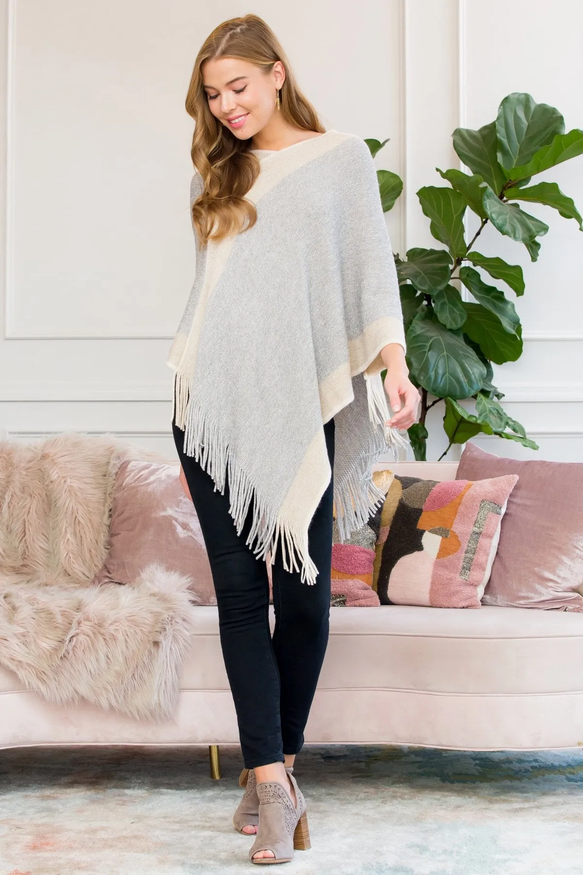Hdf3011bg - Beige Ultra Soft Two Tone Fringe Poncho