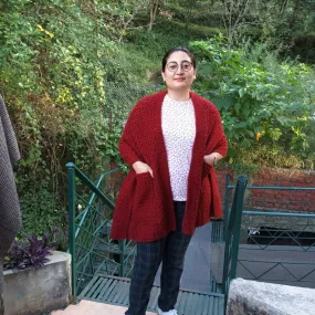 Maroon Hand-Knitted Woollen Stole With Pockets | Women Winter Wear