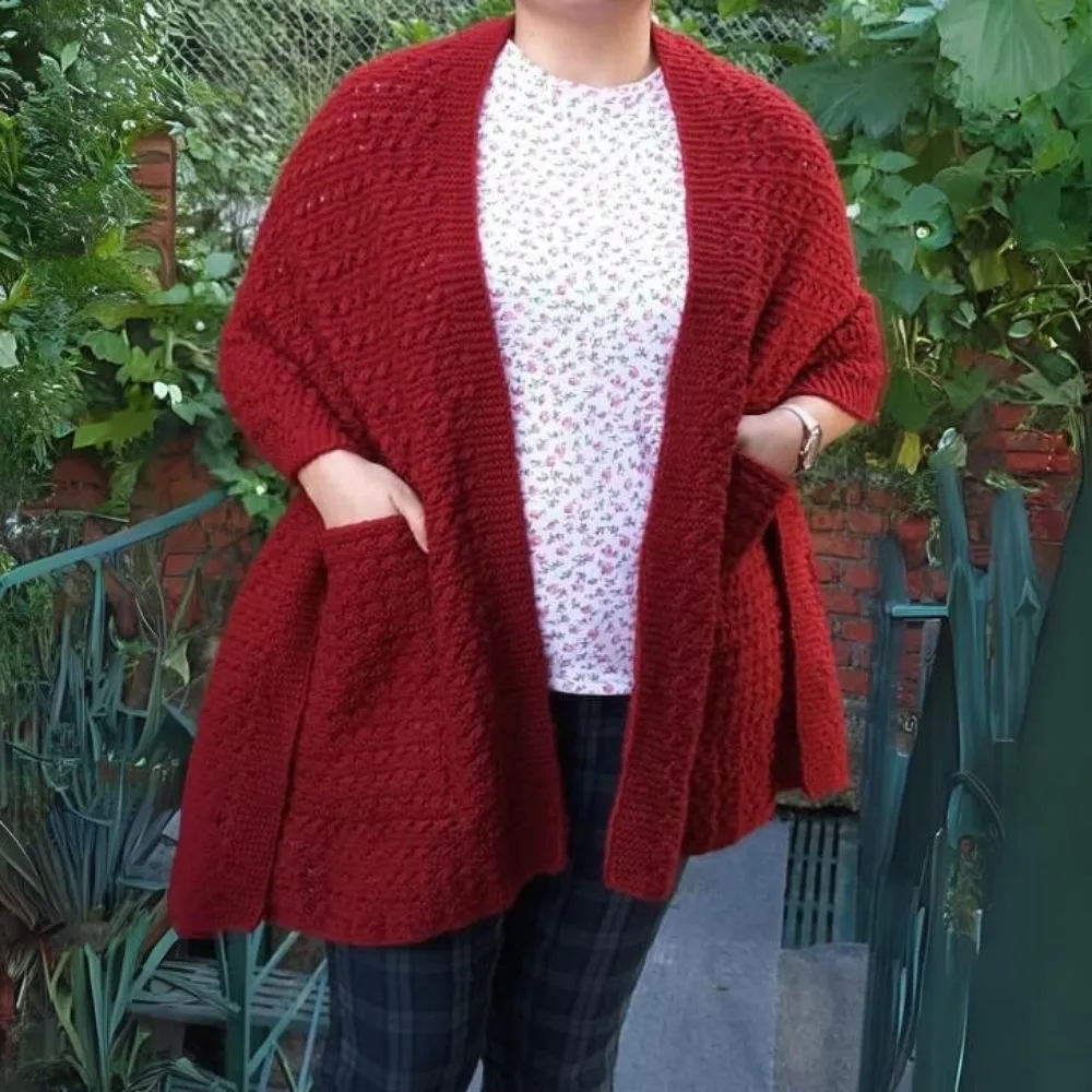 Maroon Hand-Knitted Woollen Stole With Pockets | Women Winter Wear