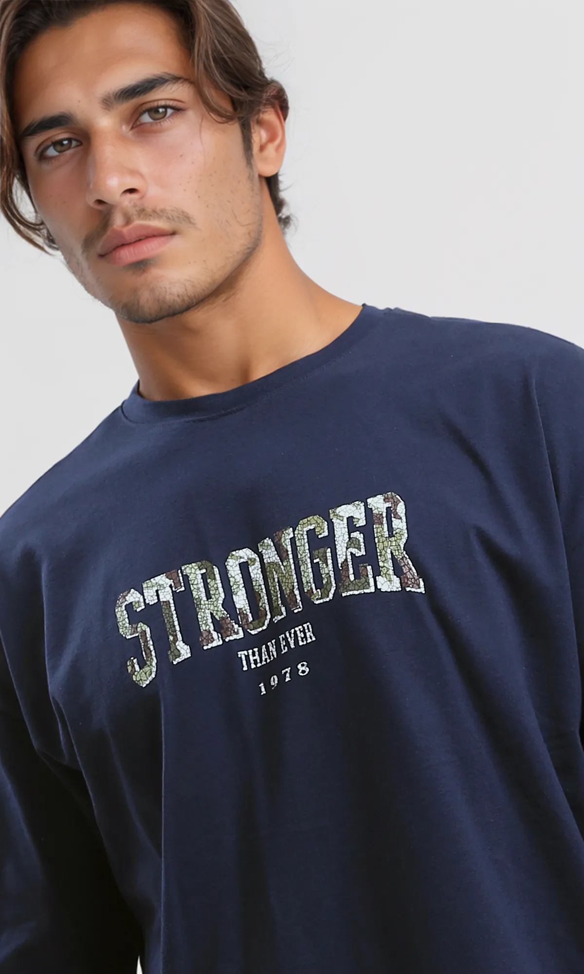 O179037 Printed "Stronger" Slip On Summer Tee - Dark Navy Blue