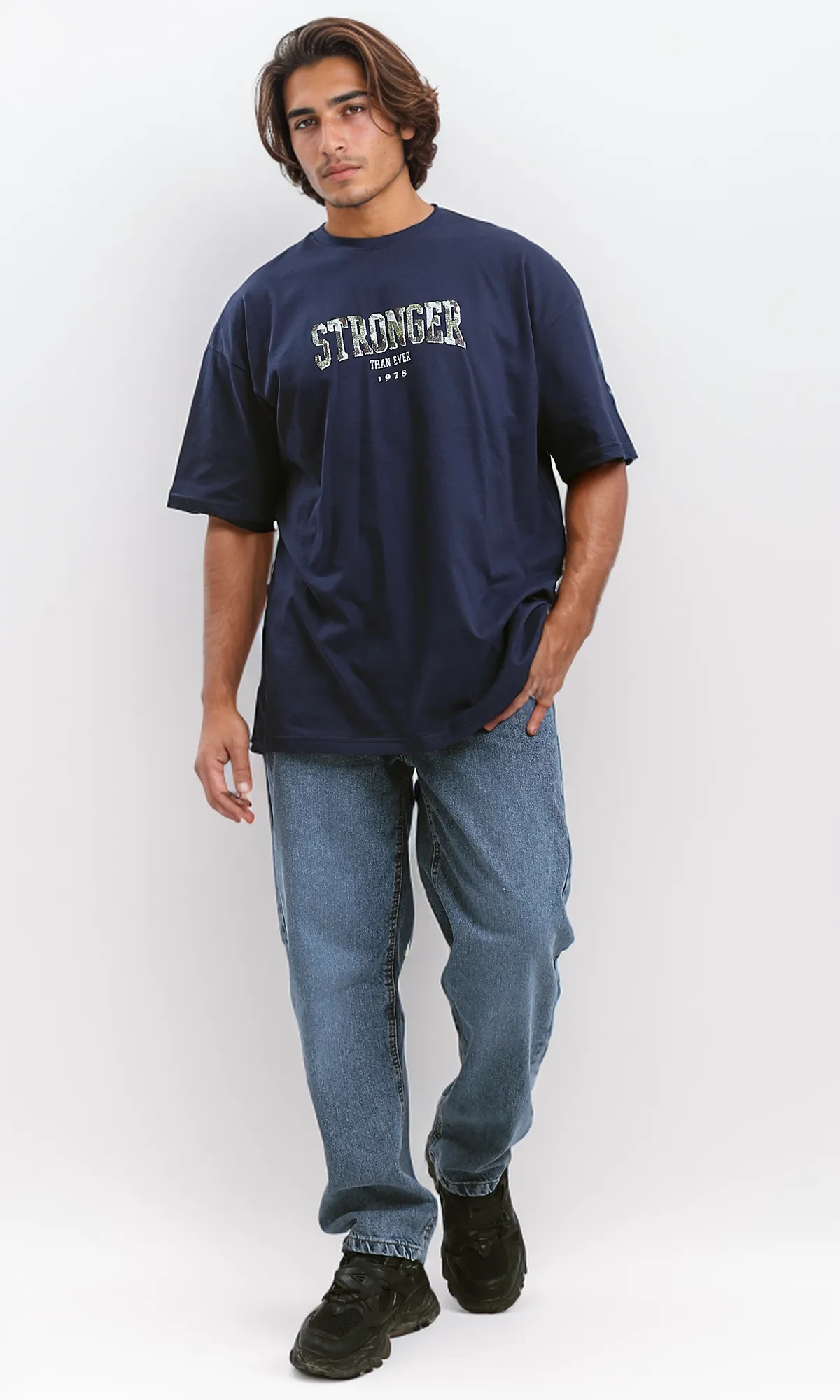 O179037 Printed "Stronger" Slip On Summer Tee - Dark Navy Blue