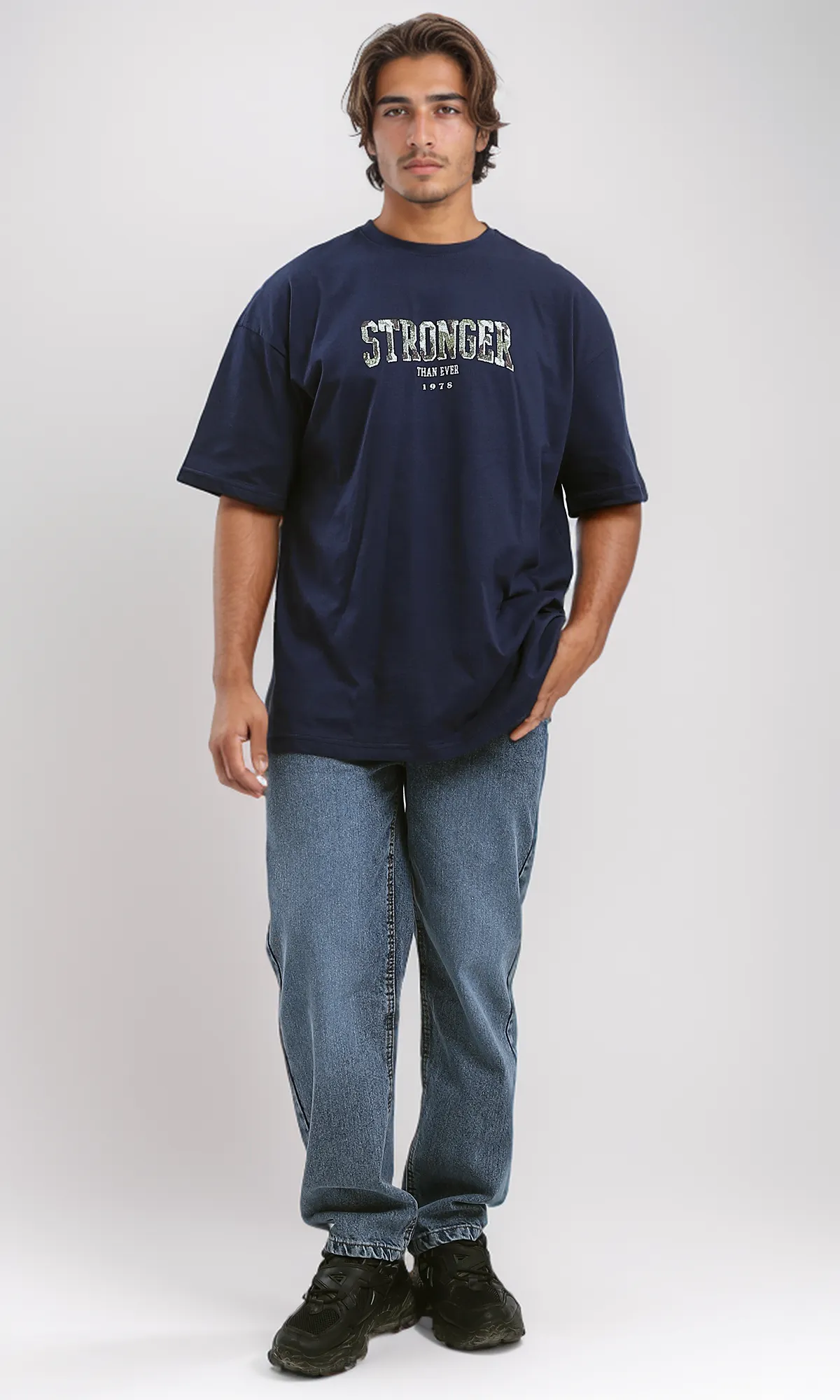 O179037 Printed "Stronger" Slip On Summer Tee - Dark Navy Blue