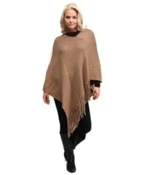 Solid Knitted Diagonol Cut Poncho with Fringe