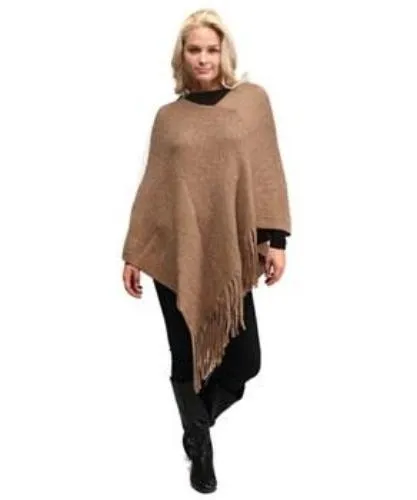 Solid Knitted Diagonol Cut Poncho with Fringe